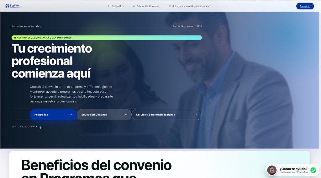 Captura de pantalla del sitio Tec In Company de convenios empresariales